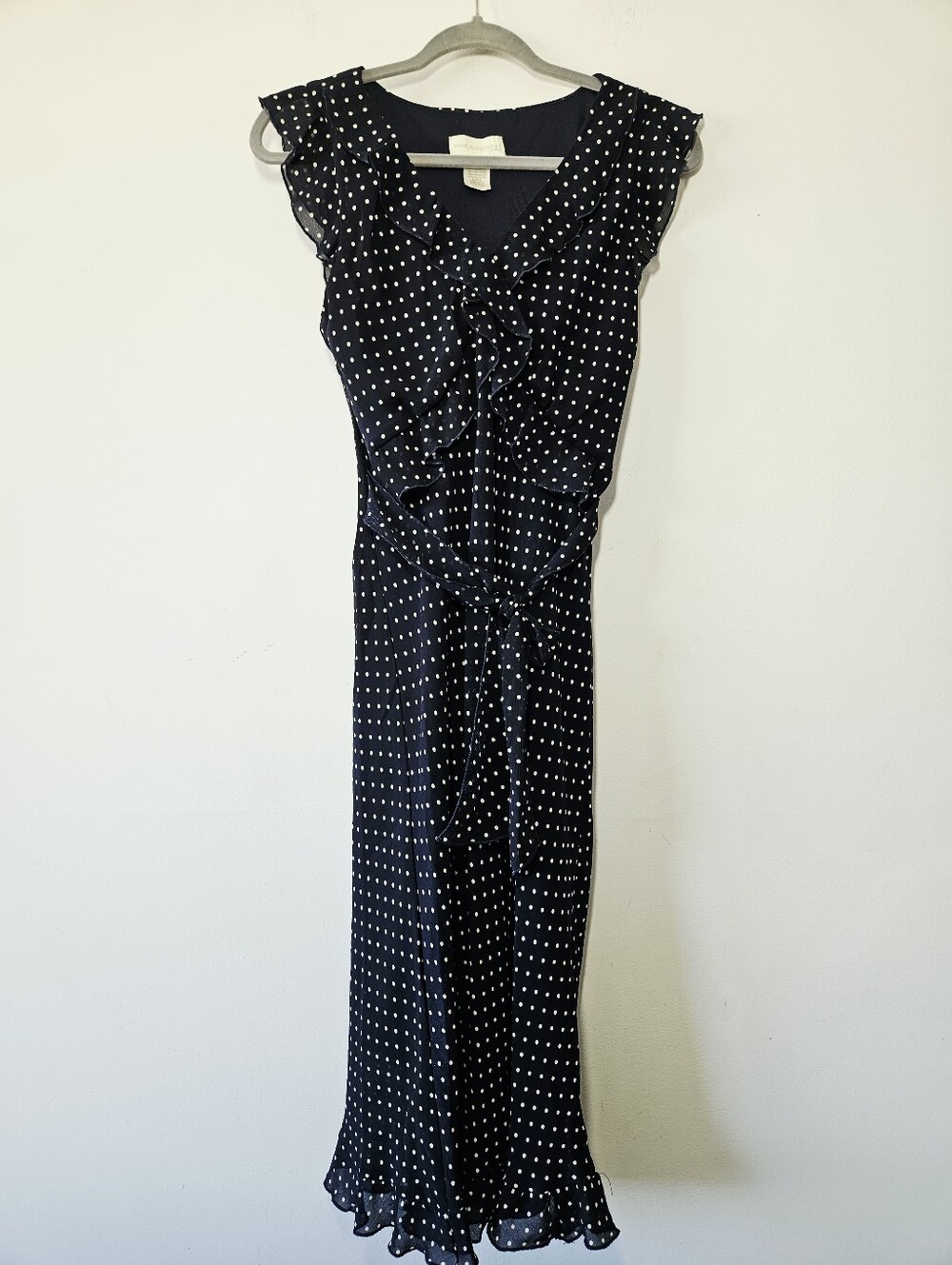 Y2K Jane Alexander Polka Dot Midi Dress Size 10 Flutter Sleeve Ruffle Tie Waist - Picture 2 of 6